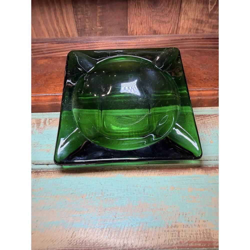 Vintage Emerald Green Glass Square Ashtray Mid Century Trinket Dish